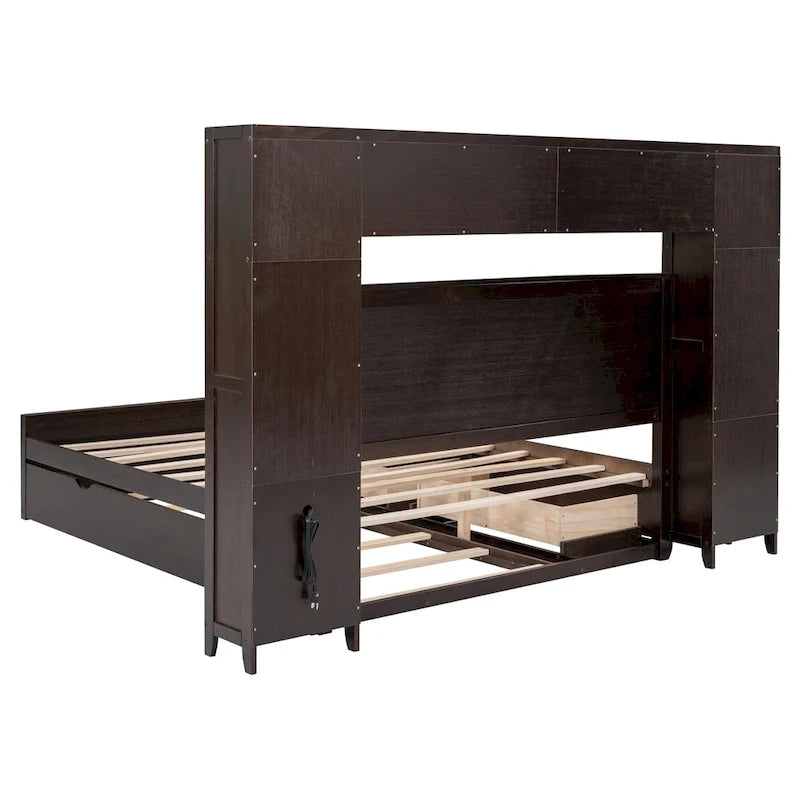 Lit moderne en bois avec armoire, étagère et prises électriques