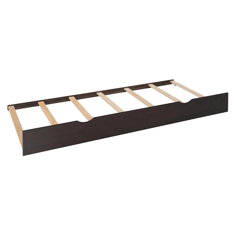 Lit moderne en bois avec armoire, étagère et prises électriques
