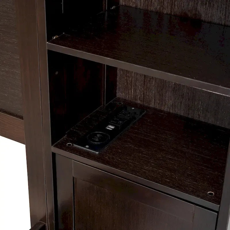 Lit moderne en bois avec armoire, étagère et prises électriques