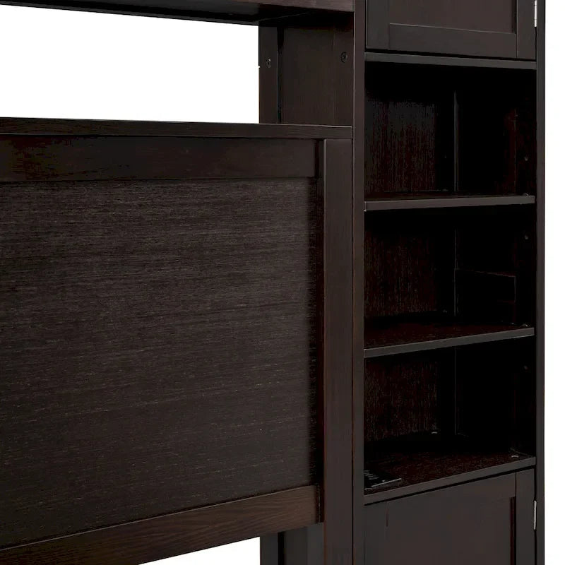 Lit moderne en bois avec armoire, étagère et prises électriques