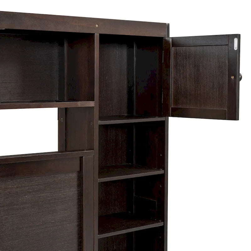 Lit moderne en bois avec armoire, étagère et prises électriques