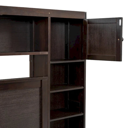 Lit moderne en bois avec armoire, étagère et prises électriques