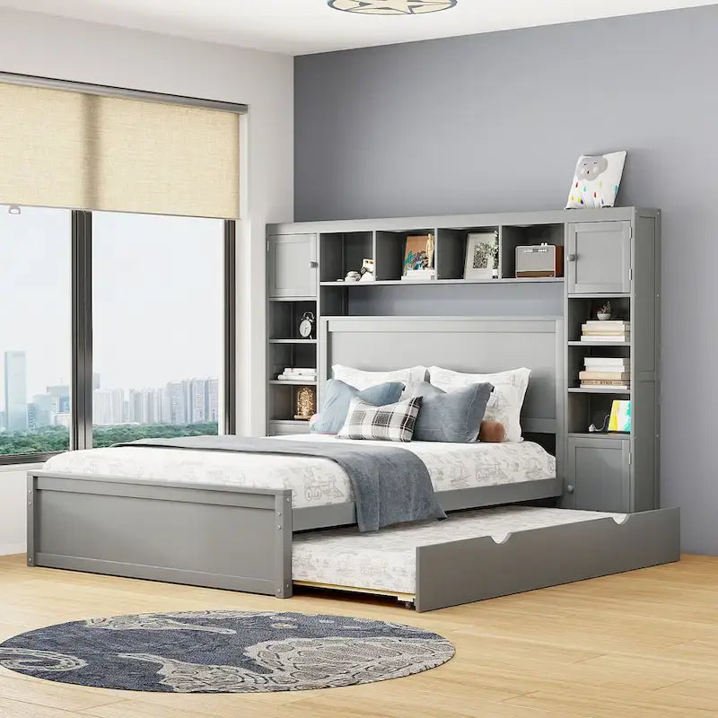 Lit moderne en bois avec armoire, étagère et prises électriques