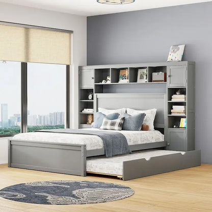 Lit moderne en bois avec armoire, étagère et prises électriques