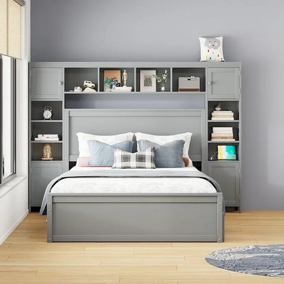 Lit moderne en bois avec armoire, étagère et prises électriques