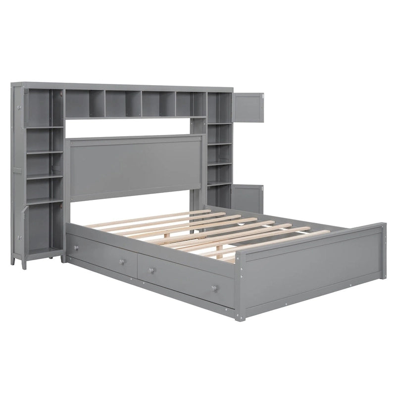 Lit moderne en bois avec armoire, étagère et prises électriques