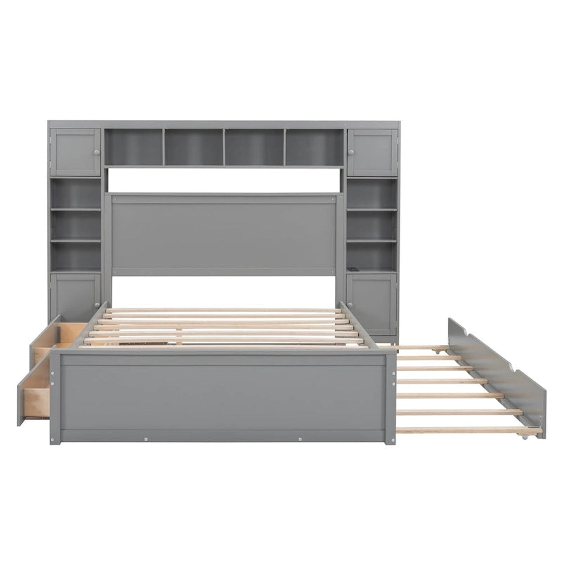 Lit moderne en bois avec armoire, étagère et prises électriques