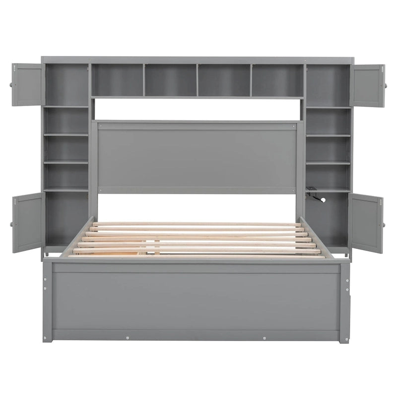 Lit moderne en bois avec armoire, étagère et prises électriques