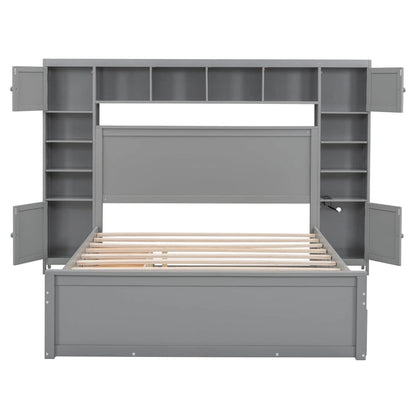 Lit moderne en bois avec armoire, étagère et prises électriques