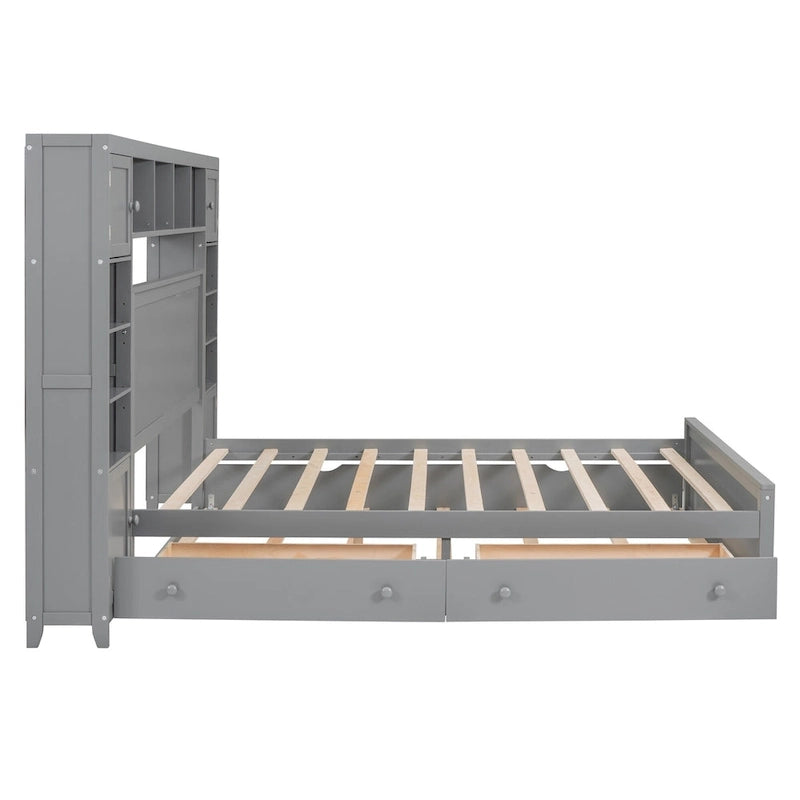Lit moderne en bois avec armoire, étagère et prises électriques