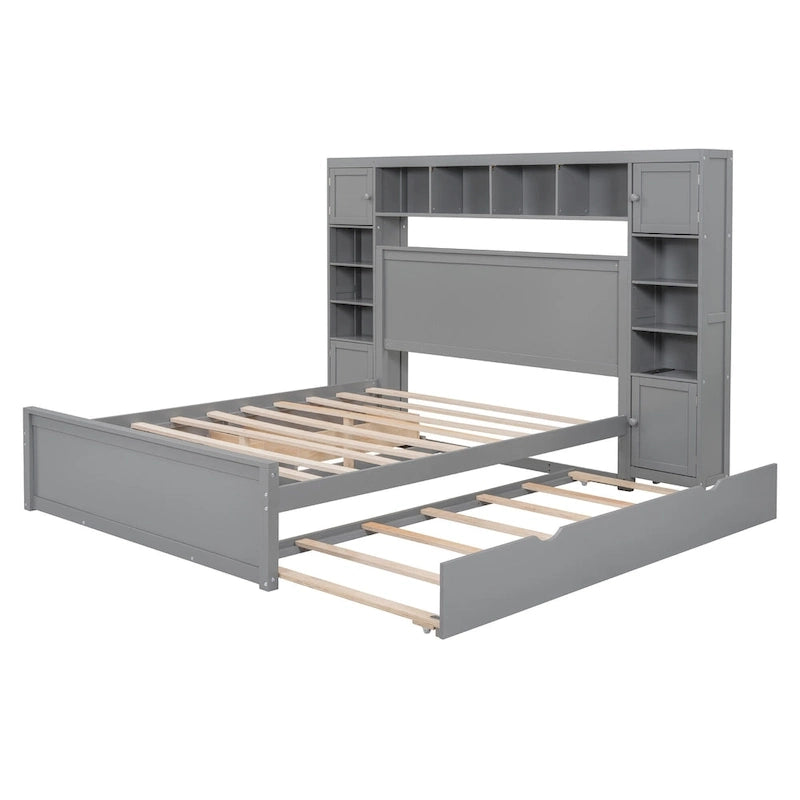 Lit moderne en bois avec armoire, étagère et prises électriques