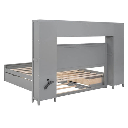 Lit moderne en bois avec armoire, étagère et prises électriques