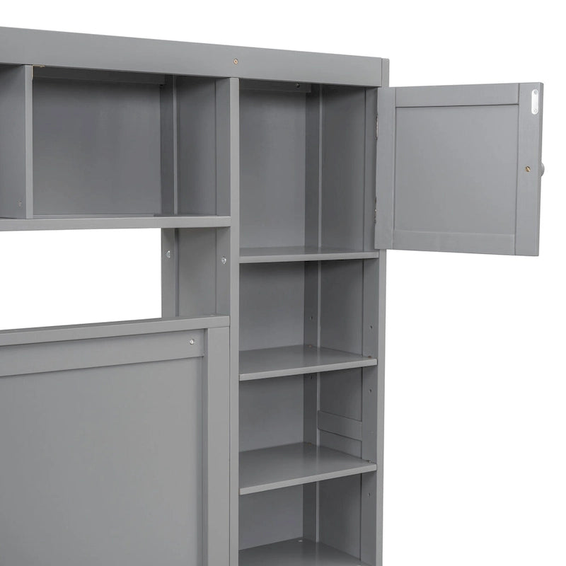 Lit moderne en bois avec armoire, étagère et prises électriques