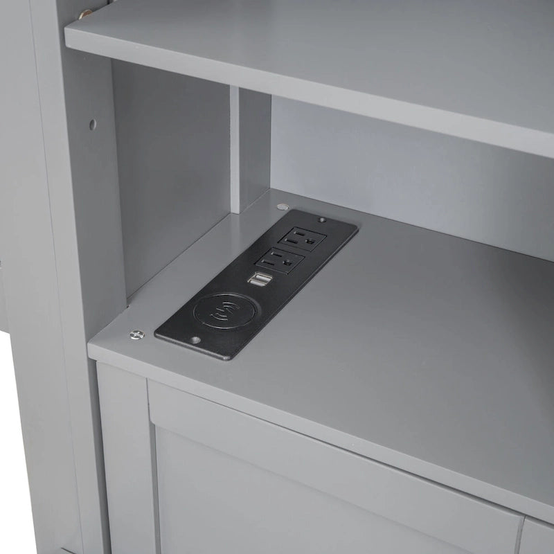 Lit moderne en bois avec armoire, étagère et prises électriques
