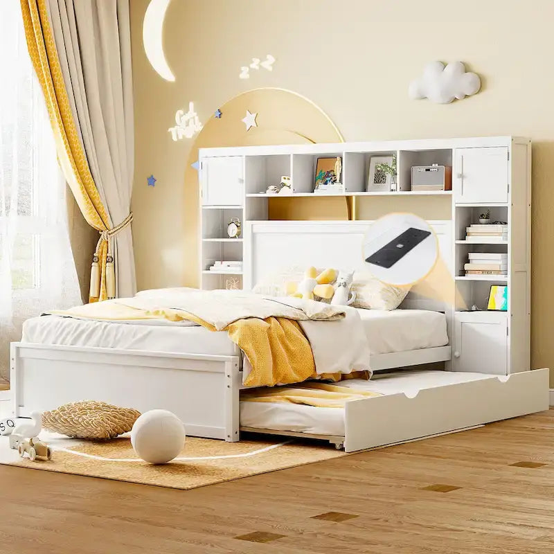 Lit moderne en bois avec armoire, étagère et prises électriques