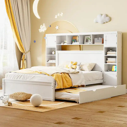 Lit moderne en bois avec armoire, étagère et prises électriques