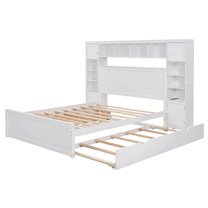 Lit moderne en bois avec armoire, étagère et prises électriques