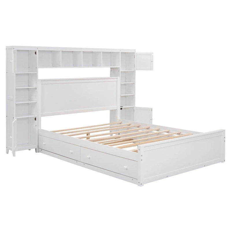 Lit moderne en bois avec armoire, étagère et prises électriques