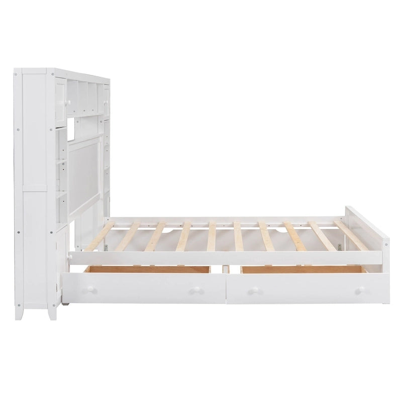 Lit moderne en bois avec armoire, étagère et prises électriques