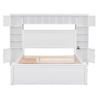 Lit moderne en bois avec armoire, étagère et prises électriques