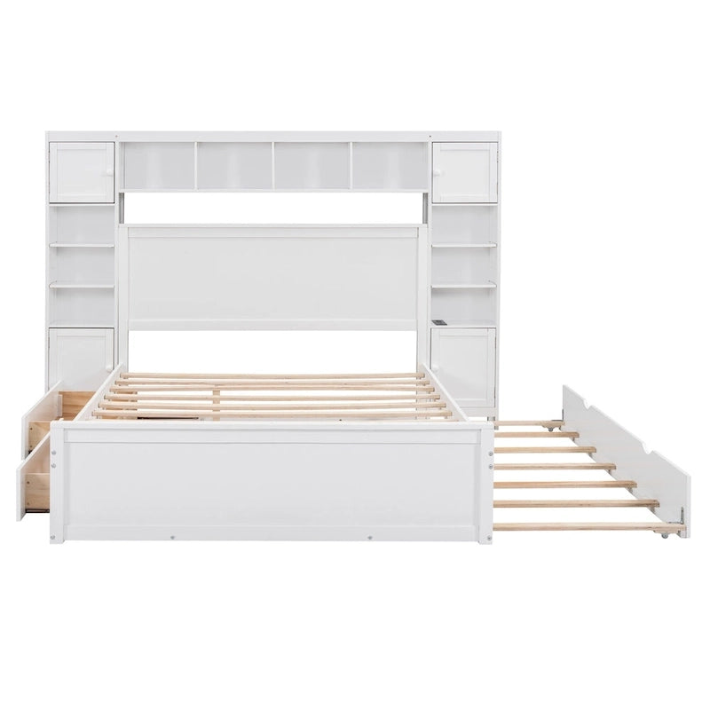 Lit moderne en bois avec armoire, étagère et prises électriques