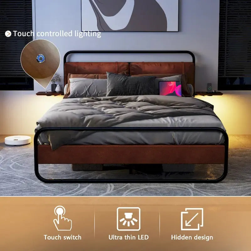 Lit plateforme moderne en métal, format king, avec tête de lit rembourrée et chargeur.