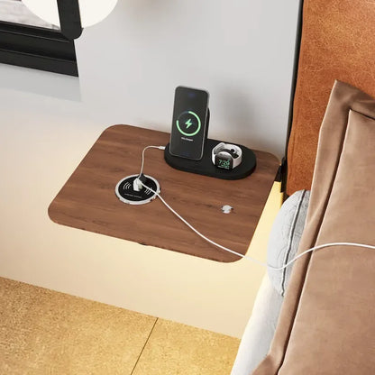 Lit plateforme moderne en métal, format king, avec tête de lit rembourrée et chargeur.