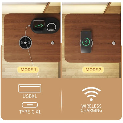 Lit plateforme moderne en métal, format king, avec tête de lit rembourrée et chargeur.