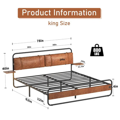 Lit plateforme moderne en métal, format king, avec tête de lit rembourrée et chargeur.