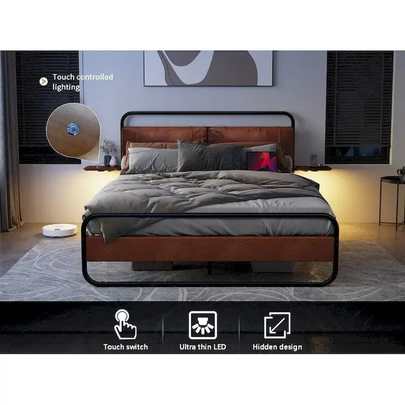 Lit plateforme moderne en métal, format king, avec tête de lit rembourrée et chargeur.