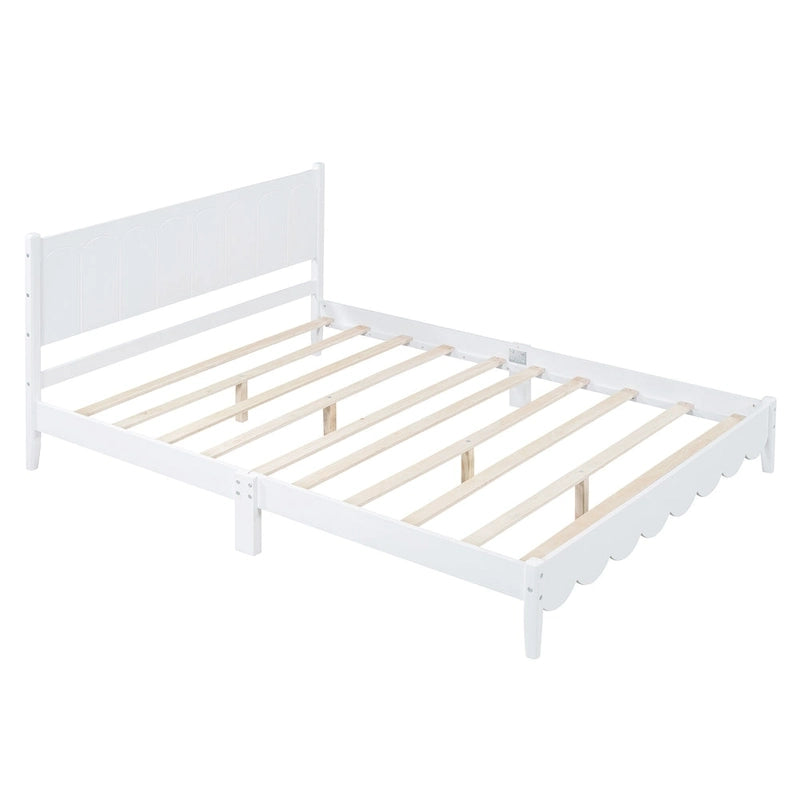 Lit plateforme en bois de style rétro, format queen, avec tête de lit rectangulaire