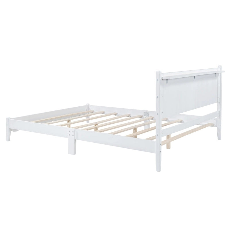 Lit plateforme en bois de style rétro, format queen, avec tête de lit rectangulaire