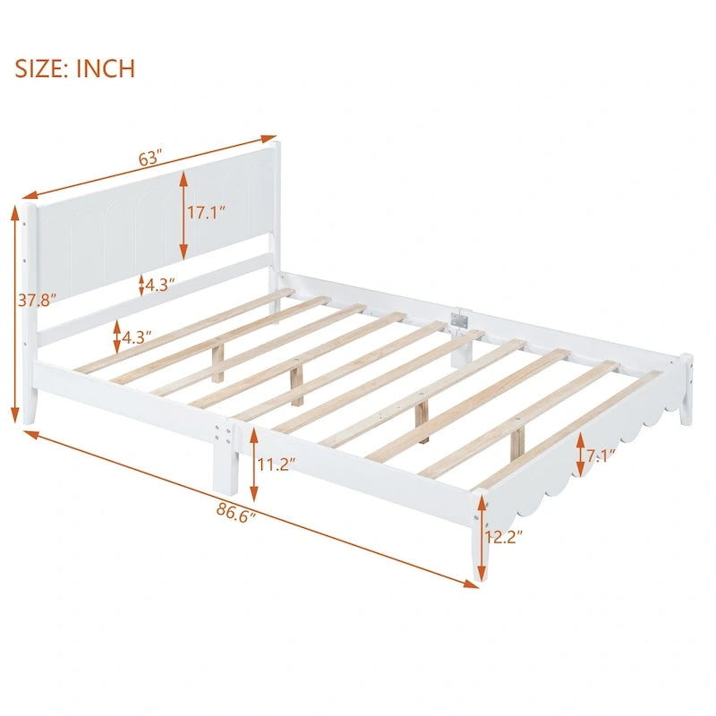 Lit plateforme en bois de style rétro, format queen, avec tête de lit rectangulaire