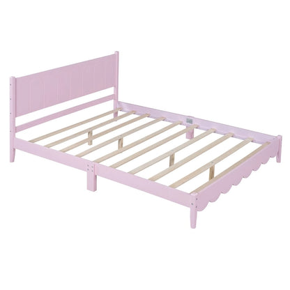 Lit plateforme en bois de style rétro, format queen, avec tête de lit rectangulaire