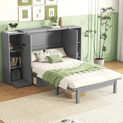 Lit escamotable moderne Queen Size avec étagères, tiroirs et ports USB pour chambre à coucher