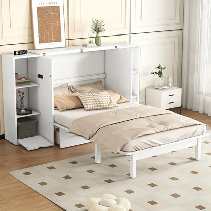 Lit escamotable moderne Queen Size avec étagères, tiroirs et ports USB pour chambre à coucher