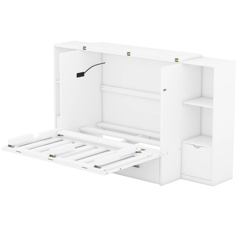 Lit escamotable moderne Queen Size avec étagères, tiroirs et ports USB pour chambre à coucher