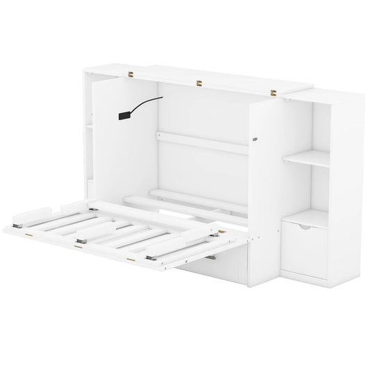Lit escamotable moderne Queen Size avec étagères, tiroirs et ports USB pour chambre à coucher