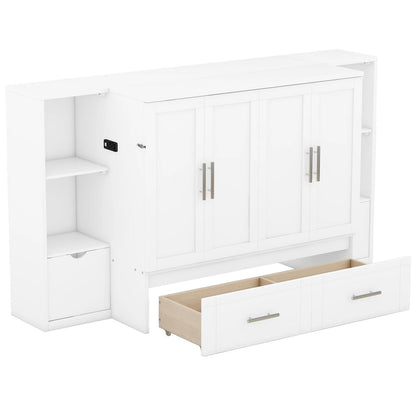 Lit escamotable moderne Queen Size avec étagères, tiroirs et ports USB pour chambre à coucher
