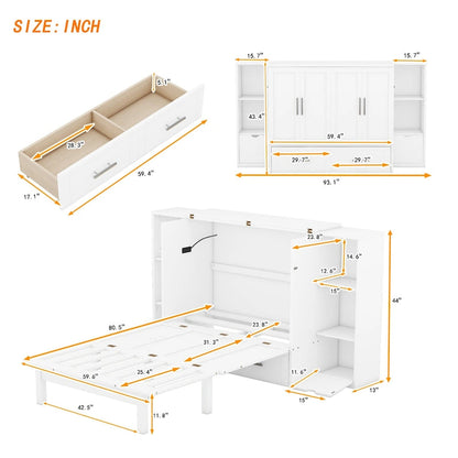 Lit escamotable moderne Queen Size avec étagères, tiroirs et ports USB pour chambre à coucher