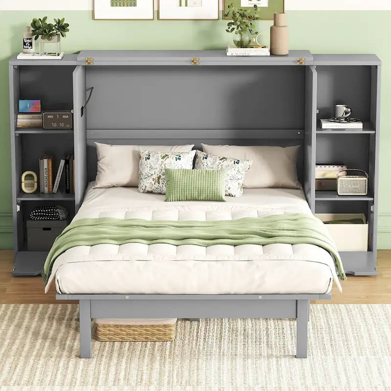 Lit escamotable moderne Queen Size avec étagères, tiroirs et ports USB pour chambre à coucher