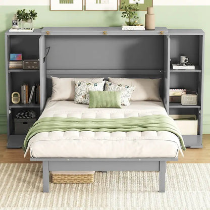 Lit escamotable moderne Queen Size avec étagères, tiroirs et ports USB pour chambre à coucher