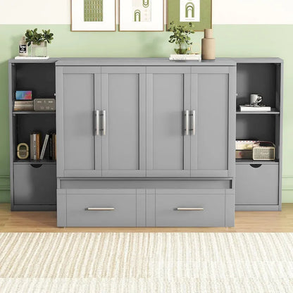 Lit escamotable moderne Queen Size avec étagères, tiroirs et ports USB pour chambre à coucher