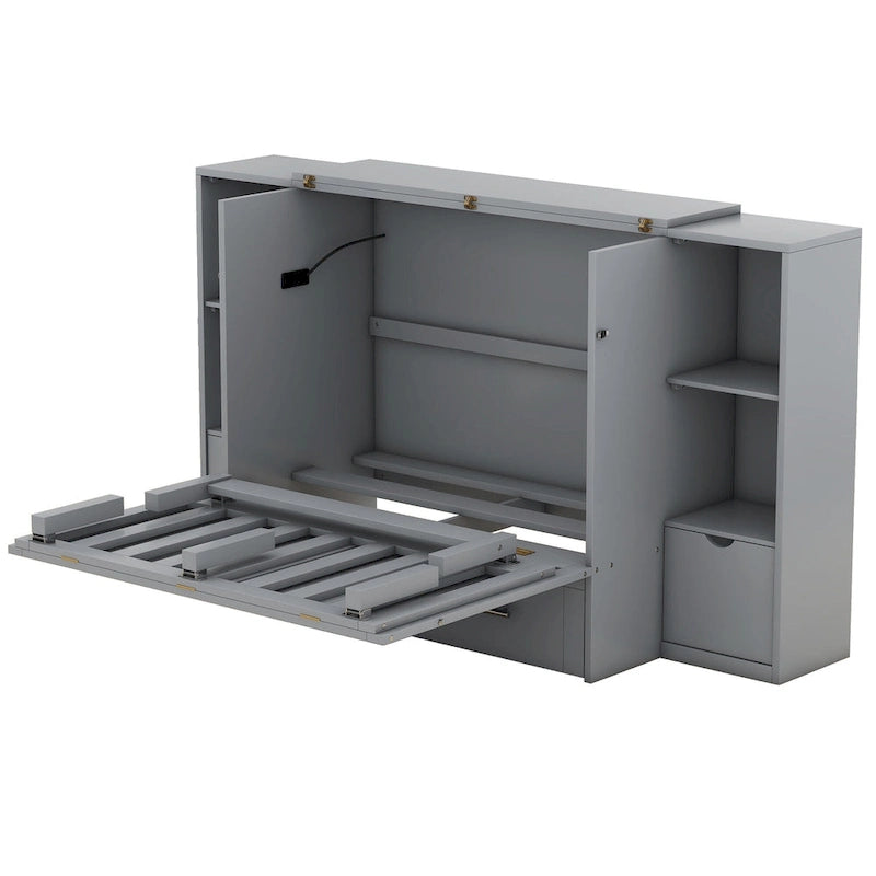 Lit escamotable moderne Queen Size avec étagères, tiroirs et ports USB pour chambre à coucher