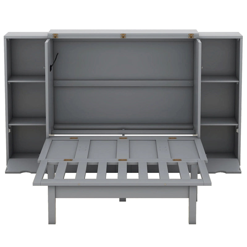 Lit escamotable moderne Queen Size avec étagères, tiroirs et ports USB pour chambre à coucher