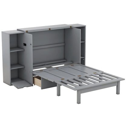 Lit escamotable moderne Queen Size avec étagères, tiroirs et ports USB pour chambre à coucher
