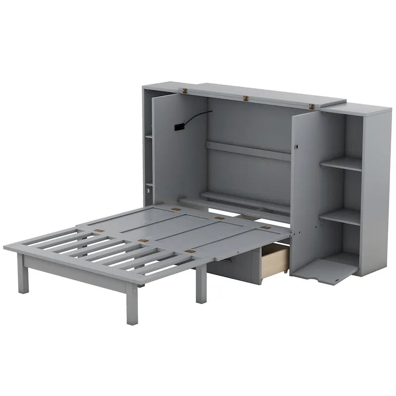 Lit escamotable moderne Queen Size avec étagères, tiroirs et ports USB pour chambre à coucher