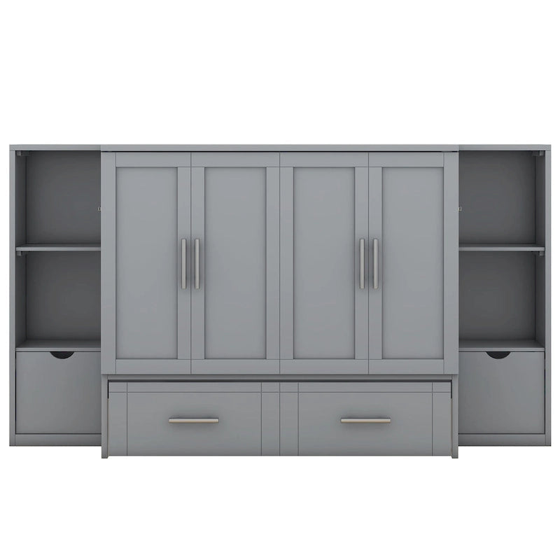 Lit escamotable moderne Queen Size avec étagères, tiroirs et ports USB pour chambre à coucher
