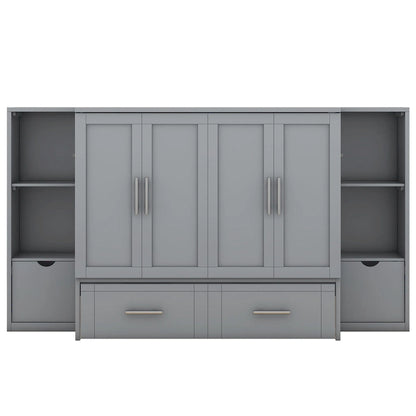 Lit escamotable moderne Queen Size avec étagères, tiroirs et ports USB pour chambre à coucher