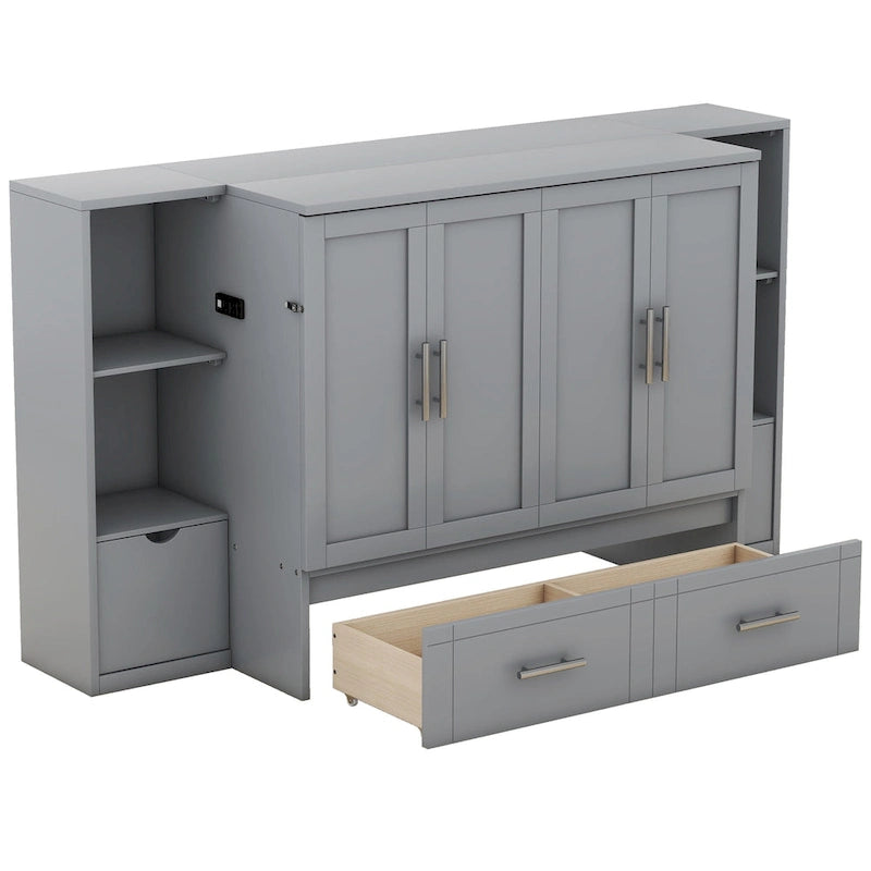 Lit escamotable moderne Queen Size avec étagères, tiroirs et ports USB pour chambre à coucher
